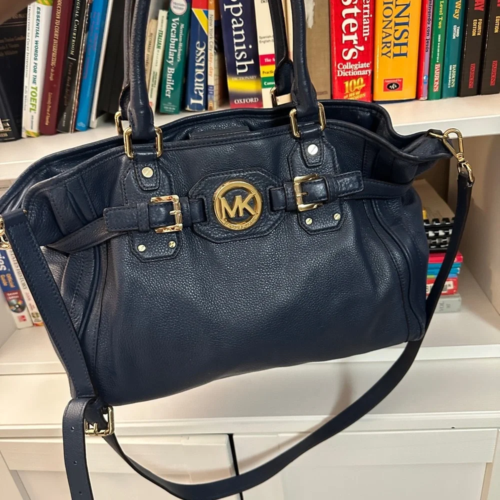 Michael Kors Navy Leather Satchel with Gold-Tone MK Emblem